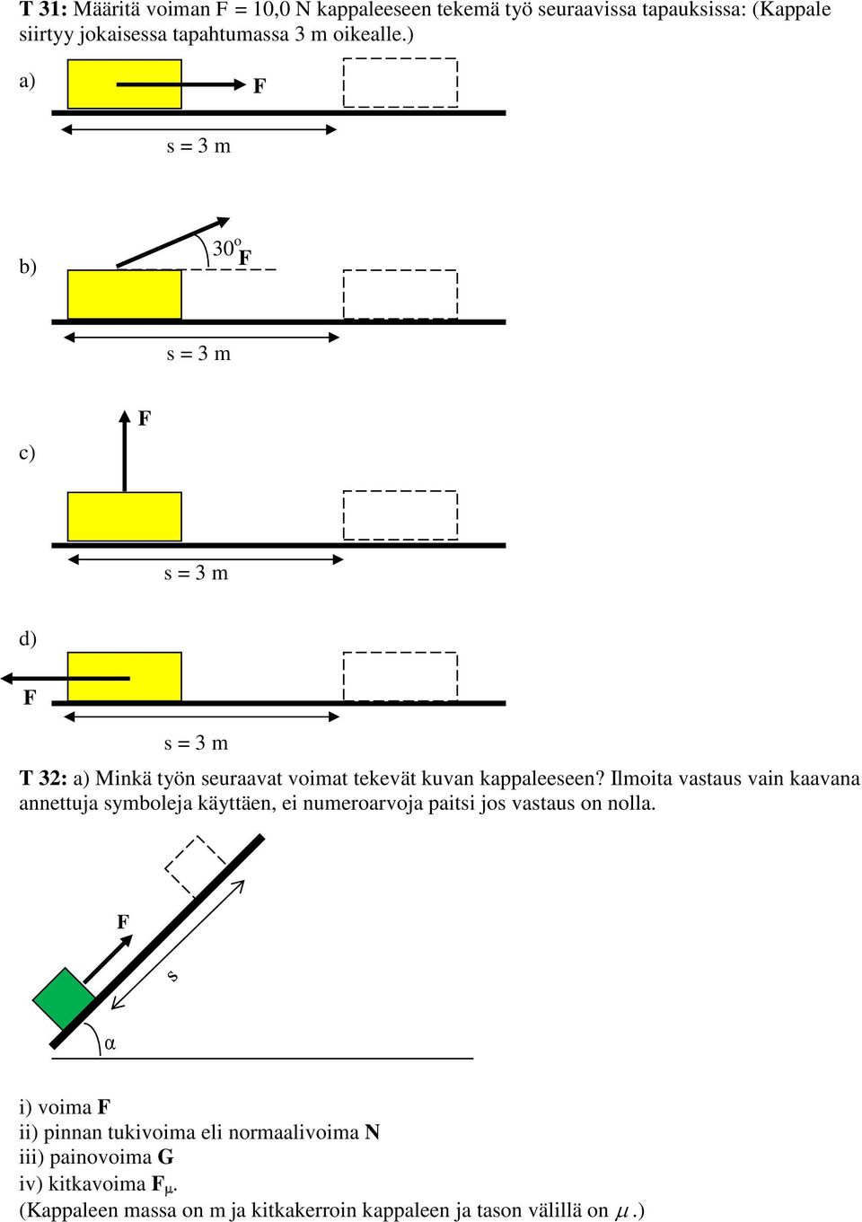 ) a) F s = 3 m b) 30 o F s = 3 m c) F s = 3 m d) F s = 3 m T 32: a) Minkä työn seuraavat voimat tekevät kuvan kappaleeseen?