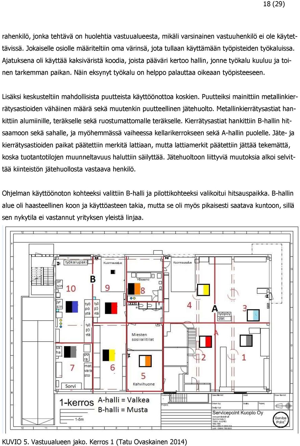 Ajatuksena oli käyttää kaksiväristä koodia, joista pääväri kertoo hallin, jonne työkalu kuuluu ja toinen tarkemman paikan. Näin eksynyt työkalu on helppo palauttaa oikeaan työpisteeseen.