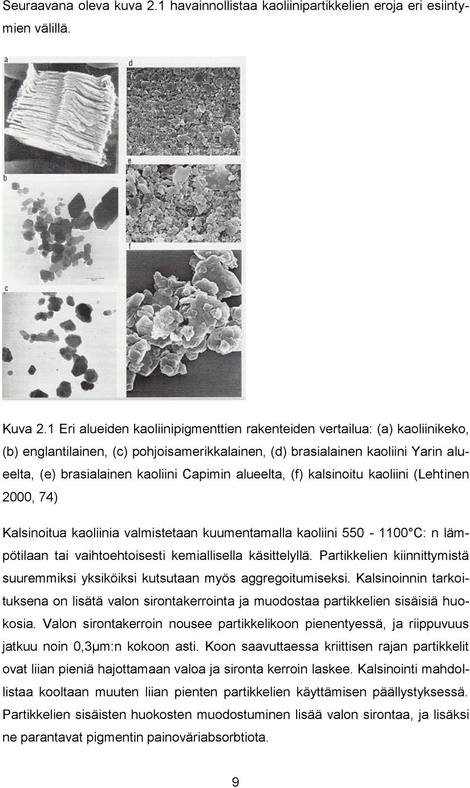 alueelta, (f) kalsinoitu kaoliini (Lehtinen 2000, 74) Kalsinoitua kaoliinia valmistetaan kuumentamalla kaoliini 550-1100 C: n lämpötilaan tai vaihtoehtoisesti kemiallisella käsittelyllä.