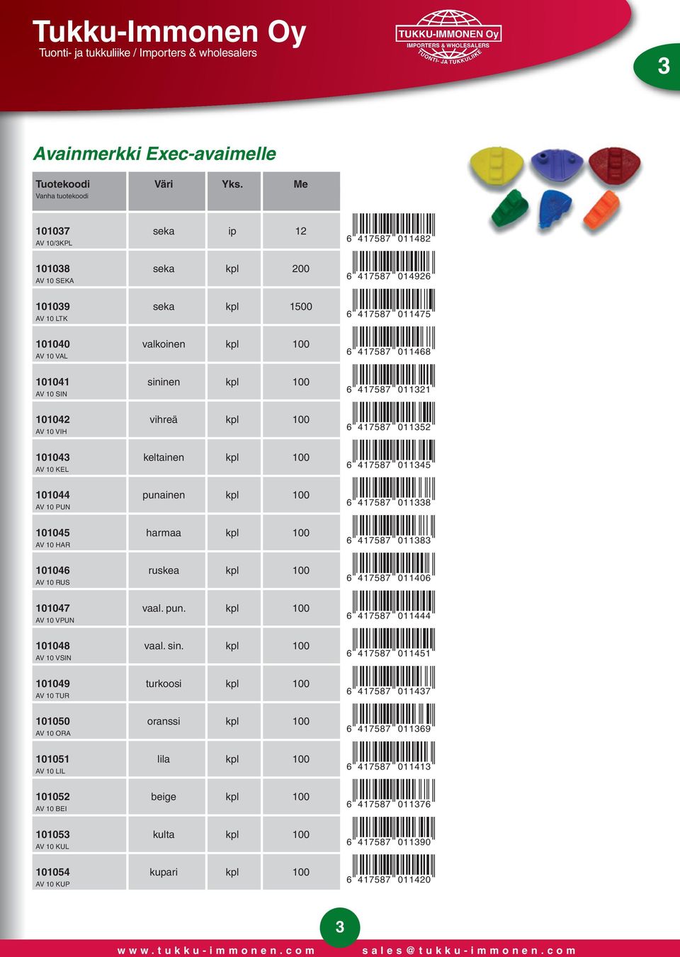 101043 keltainen kpl 100 AV 10 KEL 101044 punainen kpl 100 AV 10 PUN 101045 harmaa kpl 100 AV 10 HAR 101046 ruskea kpl 100 AV 10 RUS 101047 vaal. pun. kpl 100 AV 10 VPUN 101048 vaal. sin.