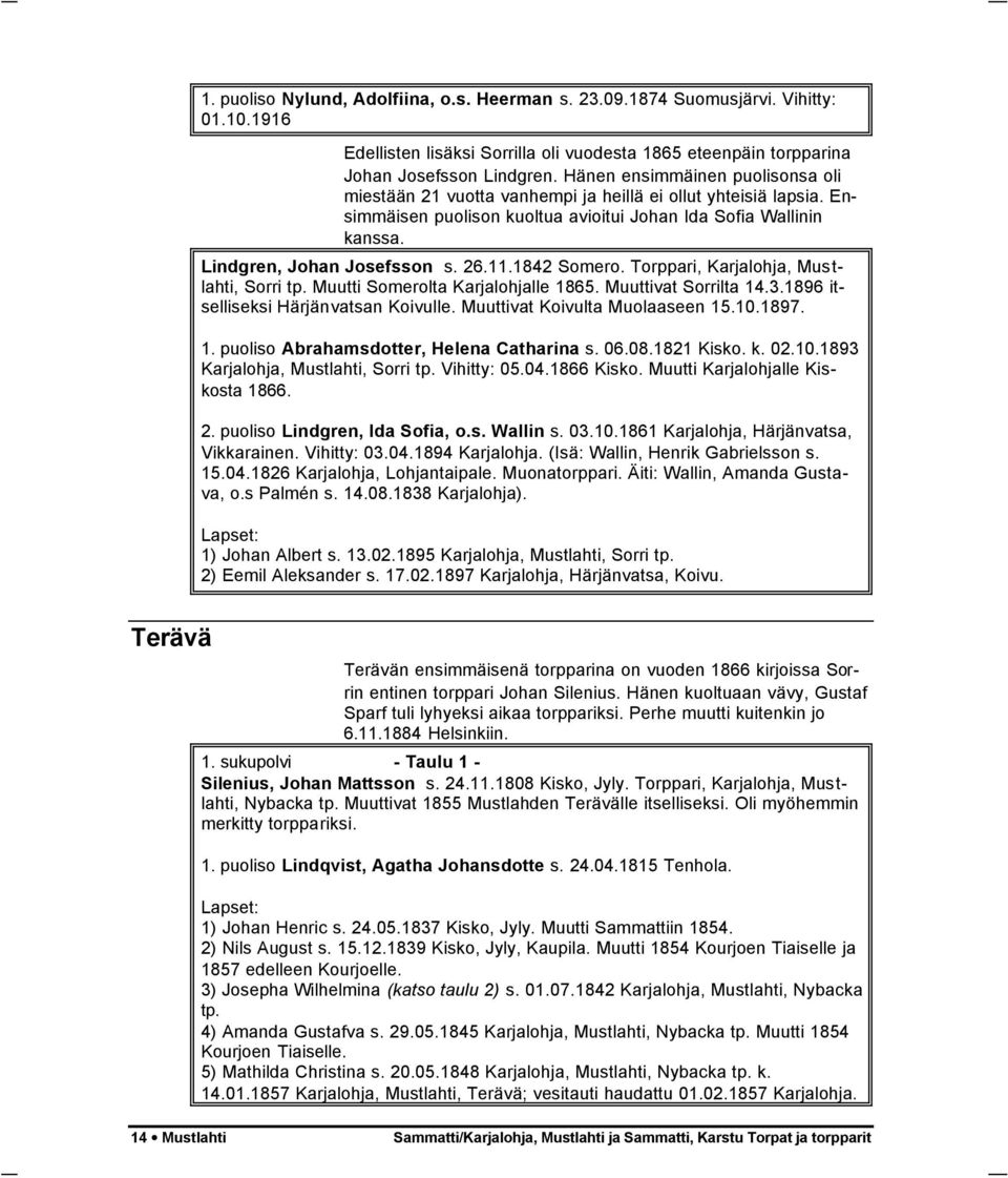 11.1842 Somero. Torppari, Karjalohja, Mustlahti, Sorri tp. Muutti Somerolta Karjalohjalle 1865. Muuttivat Sorrilta 14.3.1896 itselliseksi Härjänvatsan Koivulle. Muuttivat Koivulta Muolaaseen 15.10.