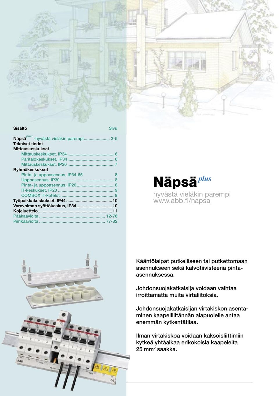 ..10 Varavoiman syöttökeskus, IP34...10 Kojeluettelo...11 Pääkaavioita... 12-76 Piirikaavioita... 77-82 Näpsä plus hyvästä vieläkin parempi www.abb.