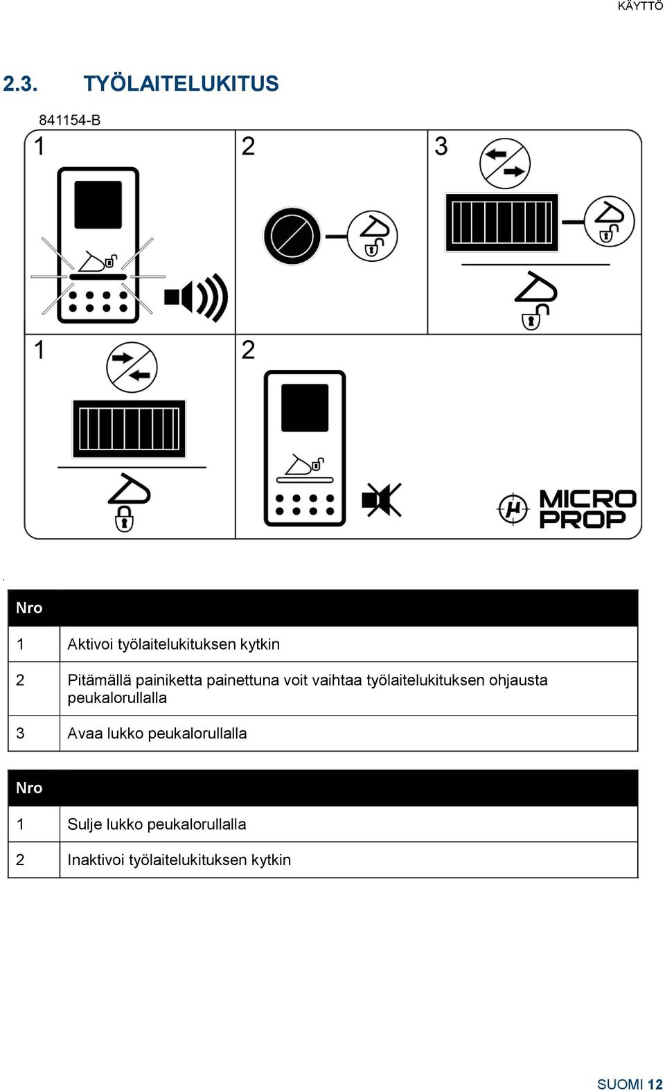 Pitämällä painiketta painettuna voit vaihtaa työlaitelukituksen