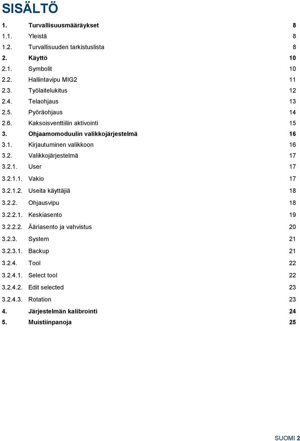 2. Valikkojärjestelmä 17 3.2.1. User 17 3.2.1.1. Vakio 17 3.2.1.2. Useita käyttäjiä 18 3.2.2. Ohjausvipu 18 3.2.2.1. Keskiasento 19 3.2.2.2. Ääriasento ja vahvistus 20 3.