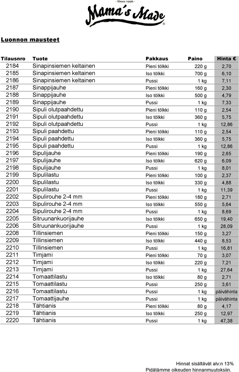 olutpaahdettu Pussi 1 kg 12,86 2193 Sipuli paahdettu Pieni tölkki 110 g 2,54 2194 Sipuli paahdettu Iso tölkki 360 g 5,75 2195 Sipuli paahdettu Pussi 1 kg 12,86 2196 Sipulijauhe Pieni tölkki 190 g