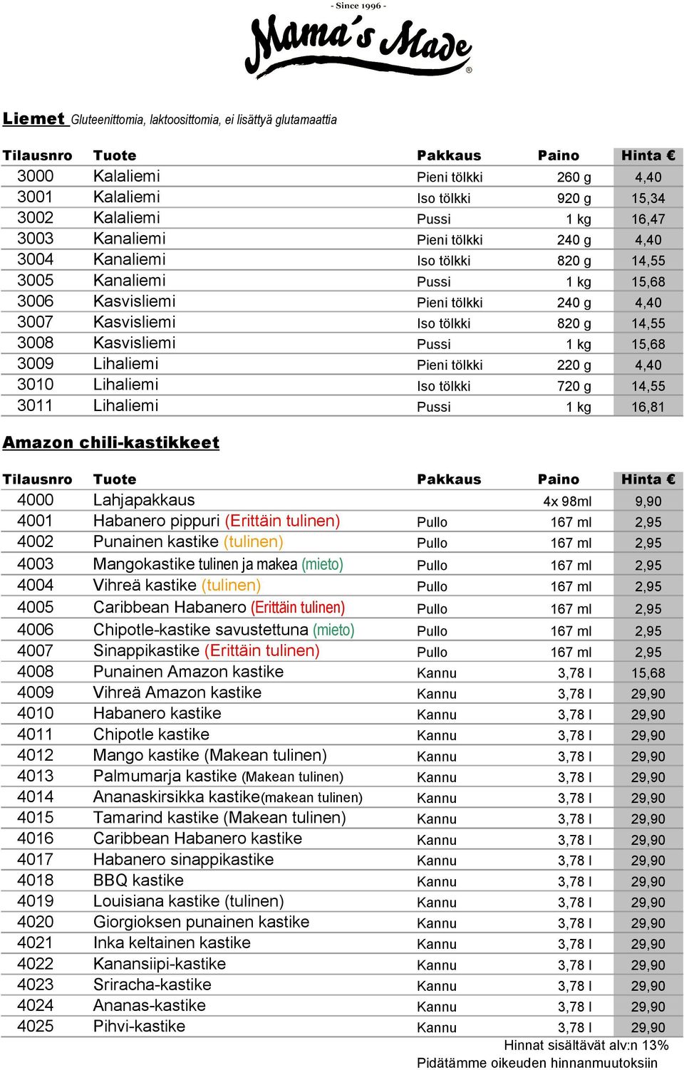 15,68 3009 Lihaliemi Pieni tölkki 220 g 4,40 3010 Lihaliemi Iso tölkki 720 g 14,55 3011 Lihaliemi Pussi 1 kg 16,81 Amazon chili-kastikkeet 4000 Lahjapakkaus 4x 98ml 9,90 4001 Habanero pippuri