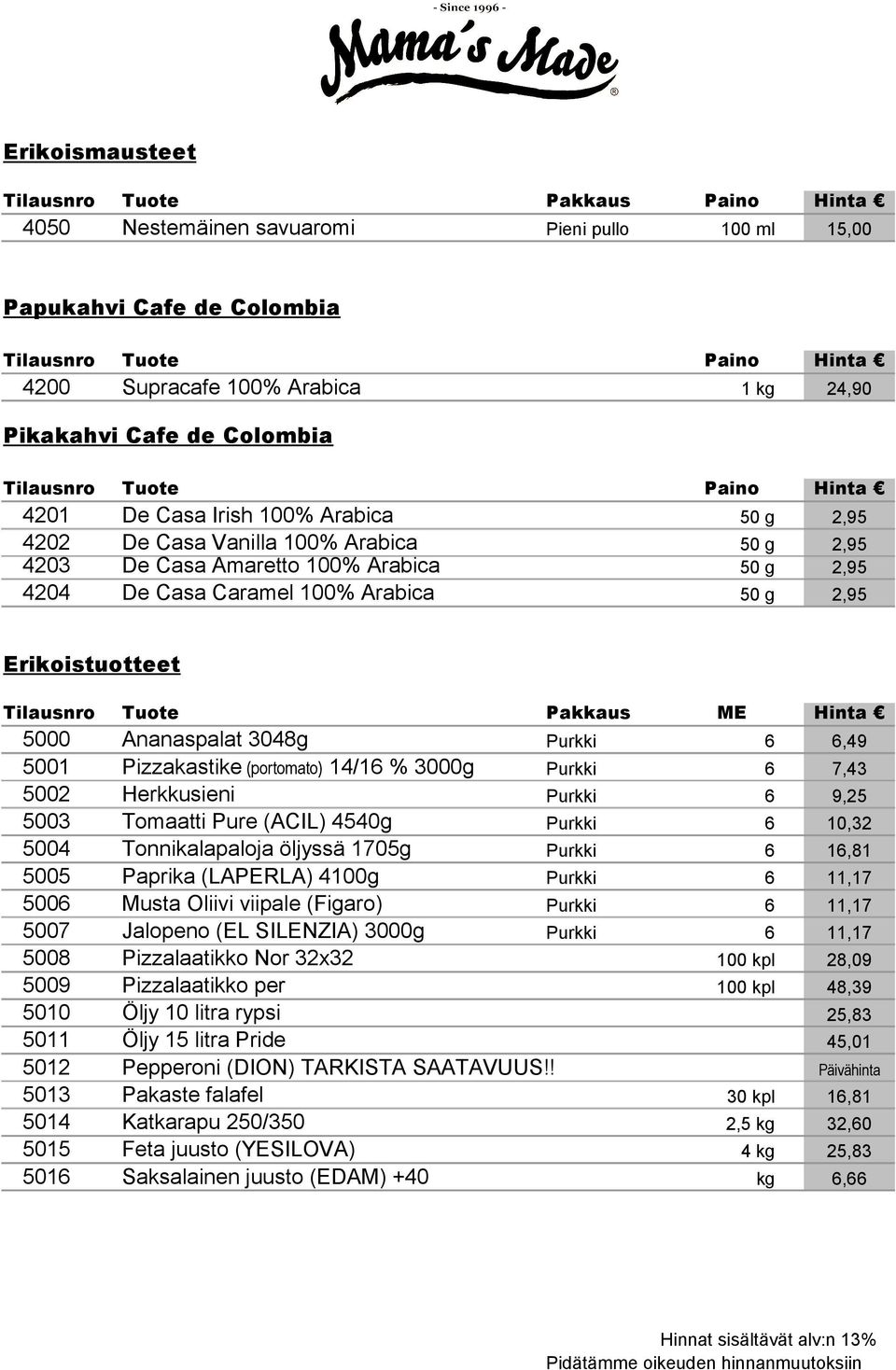 Erikoistuotteet Tilausnro Tuote Pakkaus ME Hinta 5000 Ananaspalat 3048g Purkki 6 6,49 5001 Pizzakastike (portomato) 14/16 % 3000g Purkki 6 7,43 5002 Herkkusieni Purkki 6 9,25 5003 Tomaatti Pure
