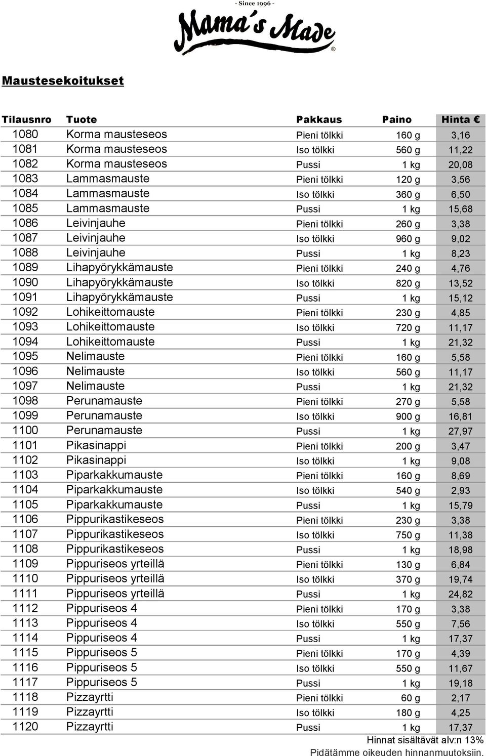Lihapyörykkämauste Pieni tölkki 240 g 4,76 1090 Lihapyörykkämauste Iso tölkki 820 g 13,52 1091 Lihapyörykkämauste Pussi 1 kg 15,12 1092 Lohikeittomauste Pieni tölkki 230 g 4,85 1093 Lohikeittomauste