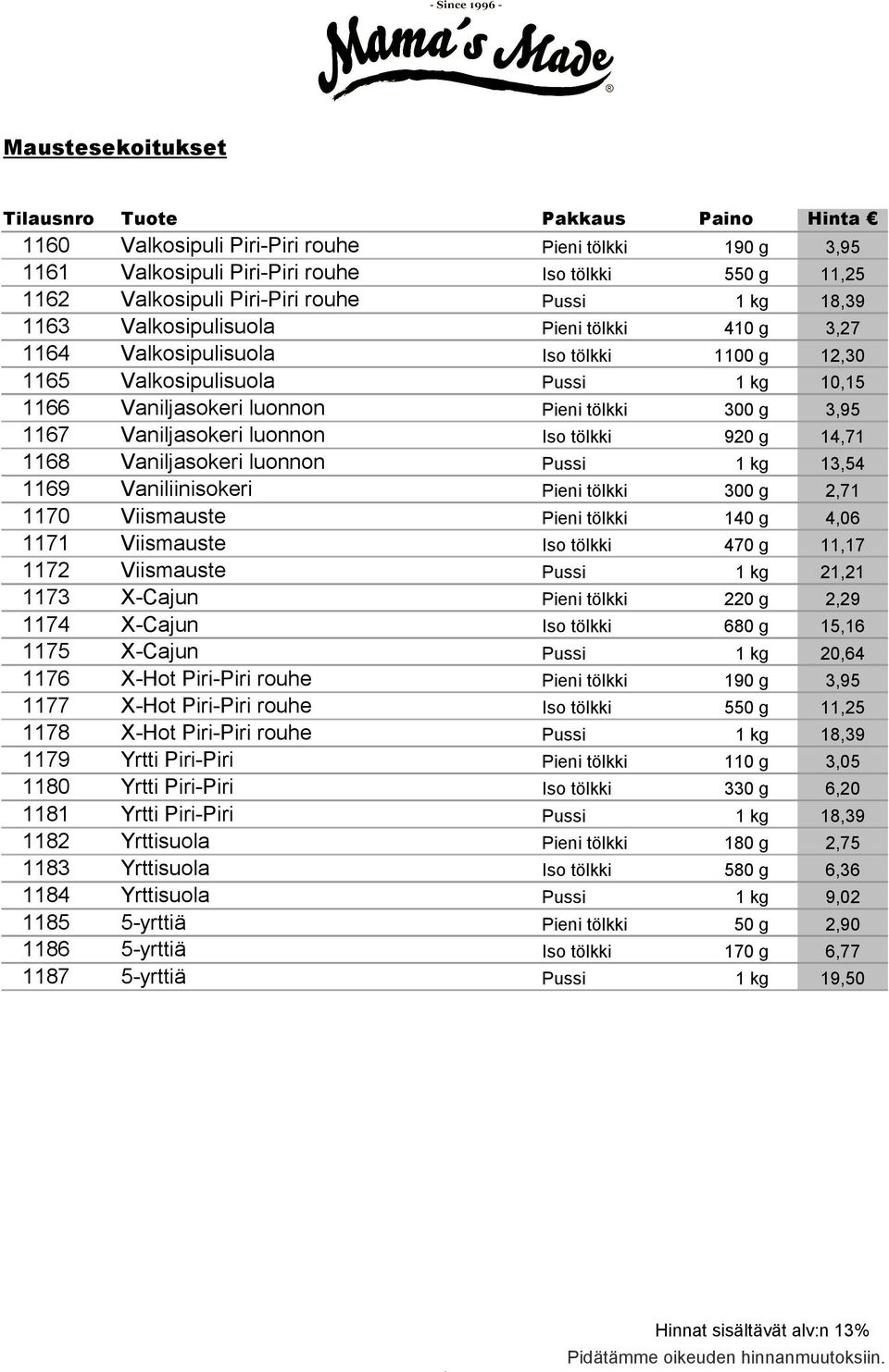luonnon Iso tölkki 920 g 14,71 1168 Vaniljasokeri luonnon Pussi 1 kg 13,54 1169 Vaniliinisokeri Pieni tölkki 300 g 2,71 1170 Viismauste Pieni tölkki 140 g 4,06 1171 Viismauste Iso tölkki 470 g 11,17