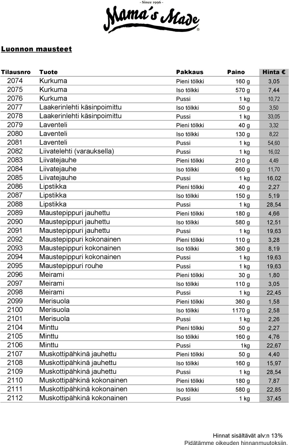Liivatejauhe Pieni tölkki 210 g 4,49 2084 Liivatejauhe Iso tölkki 660 g 11,70 2085 Liivatejauhe Pussi 1 kg 16,02 2086 Lipstikka Pieni tölkki 40 g 2,27 2087 Lipstikka Iso tölkki 150 g 5,19 2088