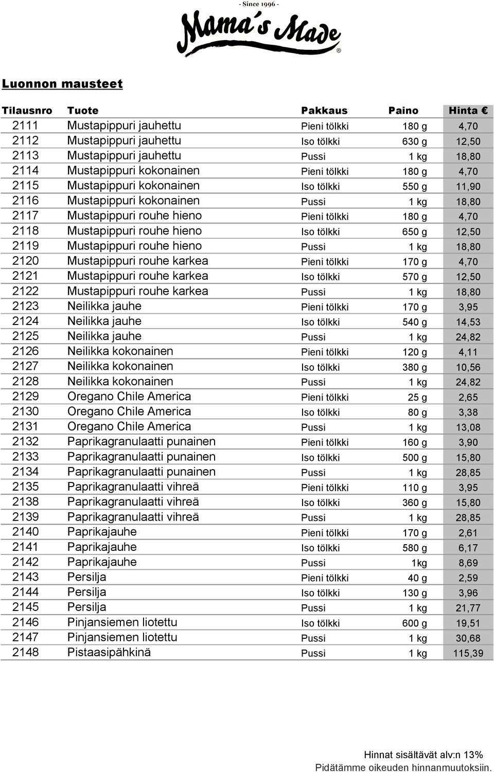 Iso tölkki 650 g 12,50 2119 Mustapippuri rouhe hieno Pussi 1 kg 18,80 2120 Mustapippuri rouhe karkea Pieni tölkki 170 g 4,70 2121 Mustapippuri rouhe karkea Iso tölkki 570 g 12,50 2122 Mustapippuri