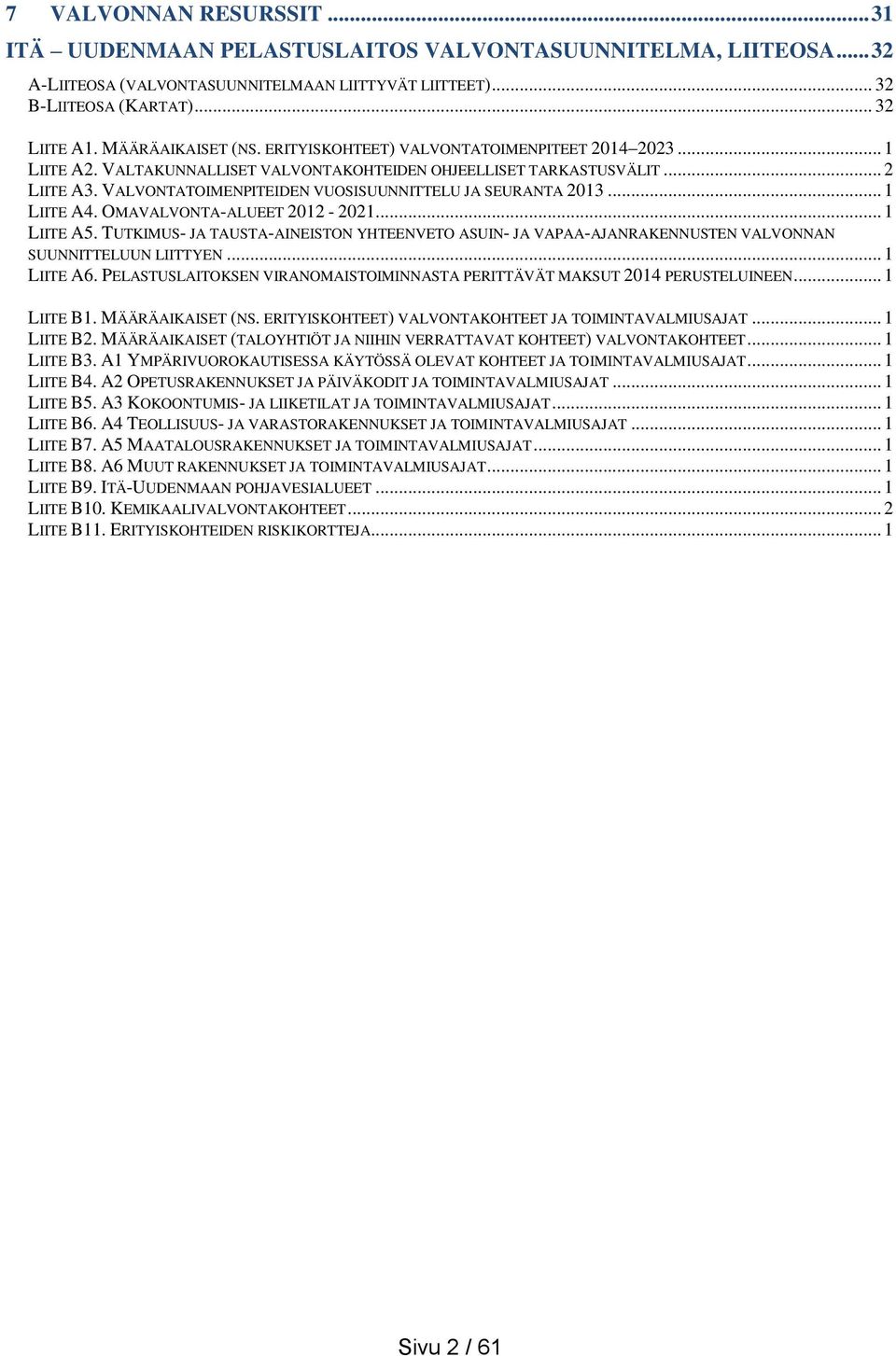 VALVONTATOIMENPITEIDEN VUOSISUUNNITTELU JA SEURANTA 2013... 1 LIITE A4. OMAVALVONTA-ALUEET 2012-2021... 1 LIITE A5.