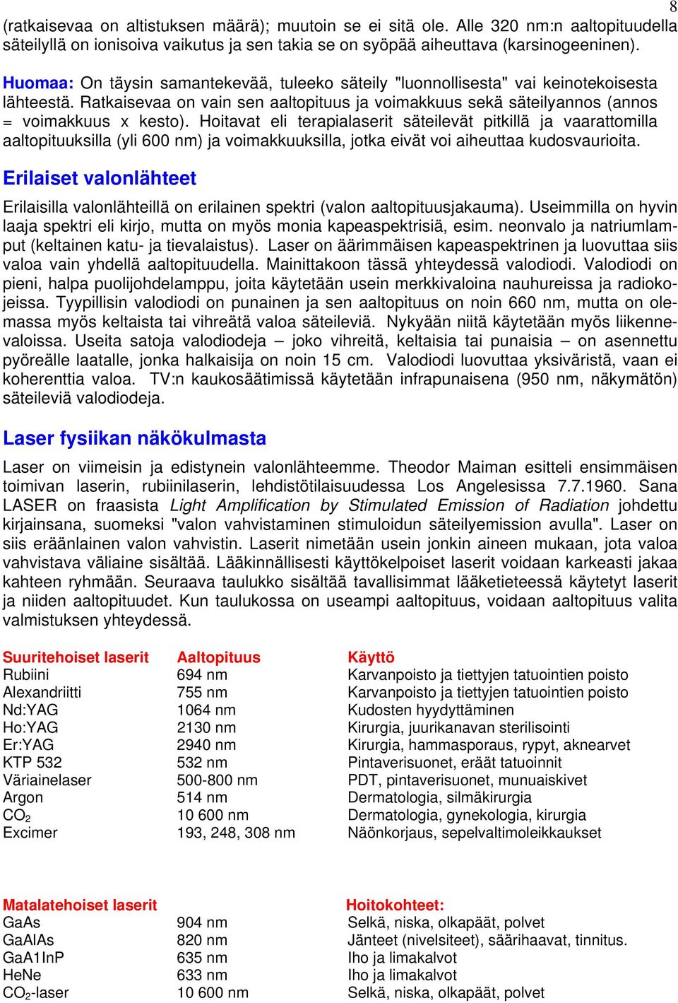 Hoitavat eli terapialaserit säteilevät pitkillä ja vaarattomilla aaltopituuksilla (yli 600 nm) ja voimakkuuksilla, jotka eivät voi aiheuttaa kudosvaurioita.