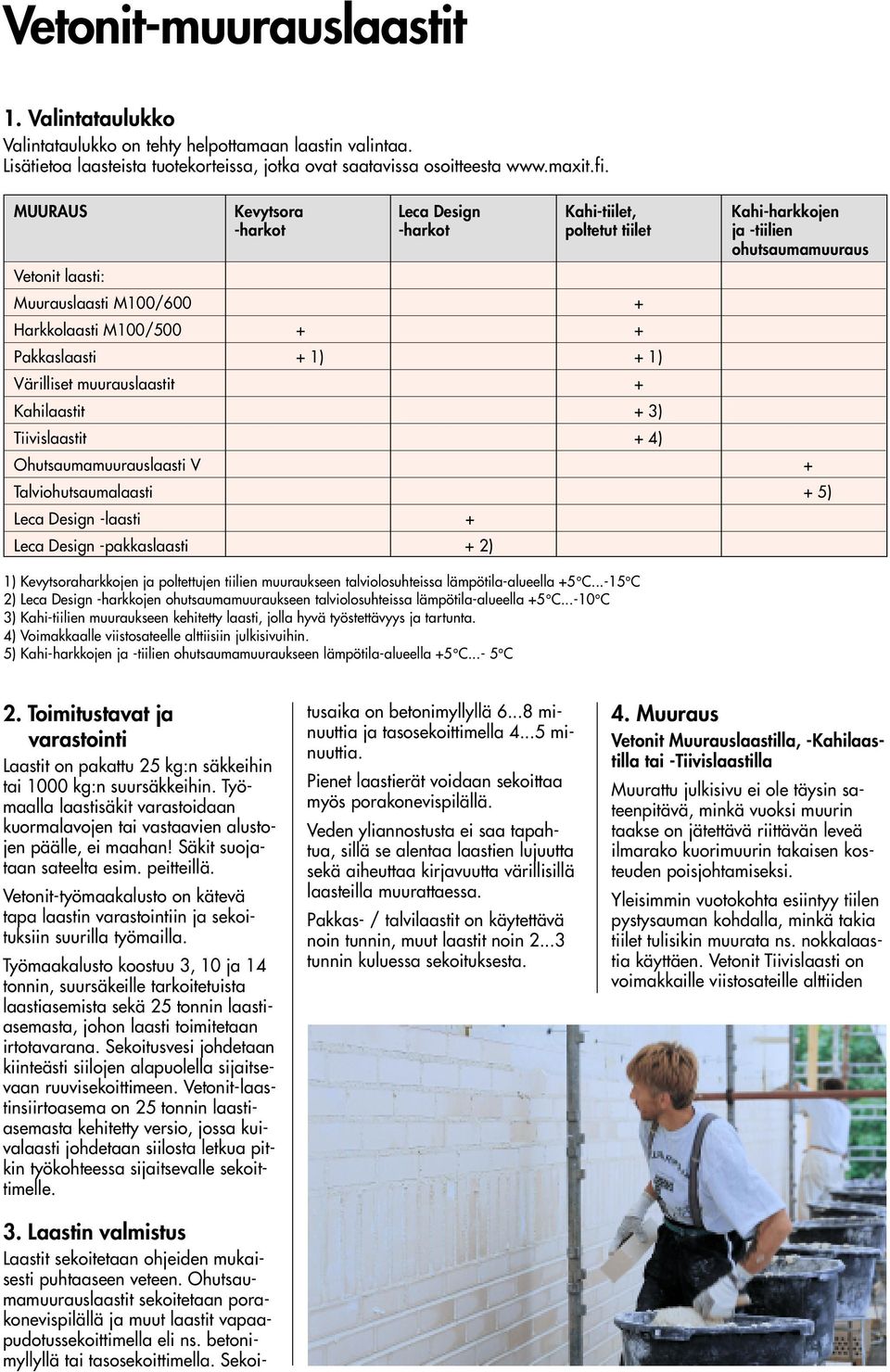 + 1) + 1) Värilliset muurauslaastit + Kahilaastit + 3) Tiivislaastit + 4) Ohutsaumamuurauslaasti V + Talviohutsaumalaasti + 5) Leca Design -laasti + Leca Design -pakkaslaasti + 2) 1)