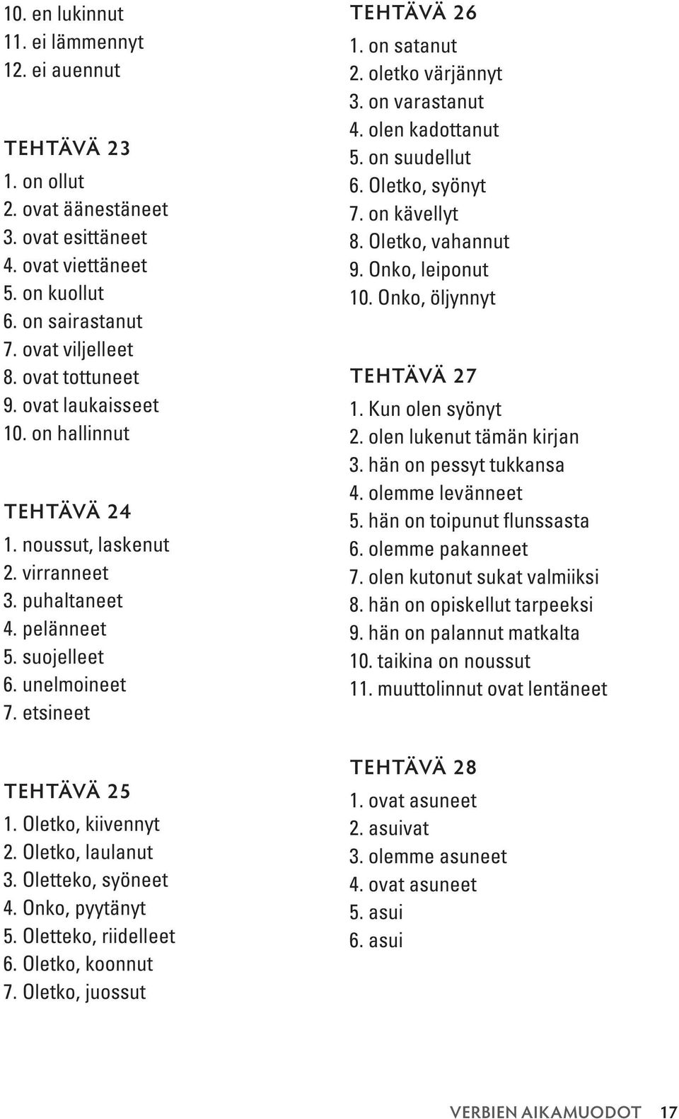 Oletko, laulanut 3. Oletteko, syöneet 4. Onko, pyytänyt 5. Oletteko, riidelleet 6. Oletko, koonnut 7. Oletko, juossut TEHTÄVÄ 26 1. on satanut 2. oletko värjännyt 3. on varastanut 4.