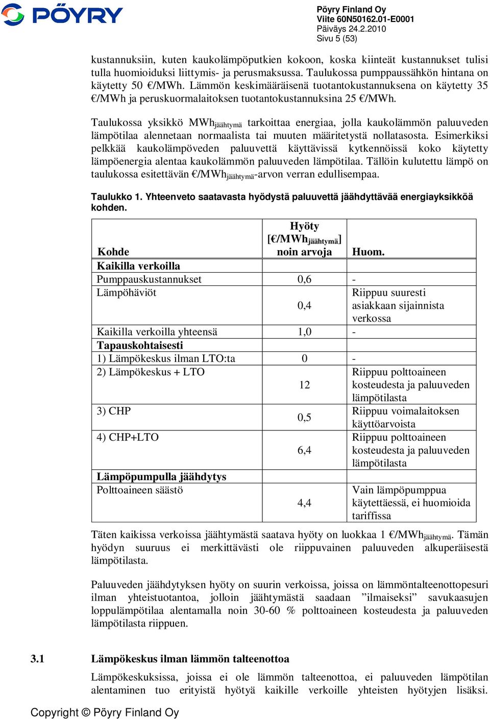 Taulukossa yksikkö MWh jäähtymä tarkoittaa energiaa, jolla kaukolämmön paluuveden lämpötilaa alennetaan normaalista tai muuten määritetystä nollatasosta.
