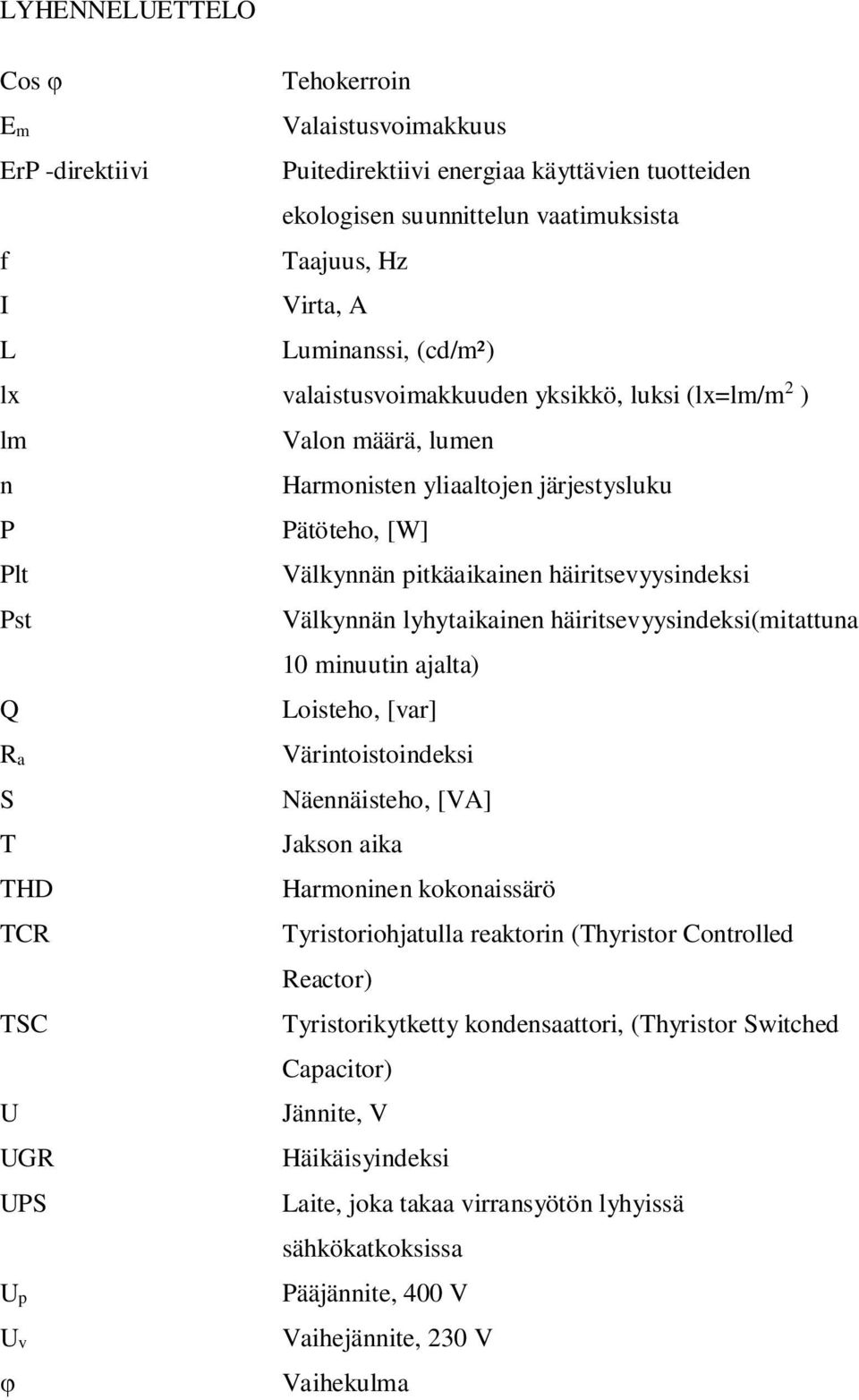 Välkynnän lyhytaikainen häiritsevyysindeksi(mitattuna 10 minuutin ajalta) Q Loisteho, [var] R a S T THD TCR TSC U UGR UPS Up Uv Värintoistoindeksi Näennäisteho, [VA] Jakson aika Harmoninen