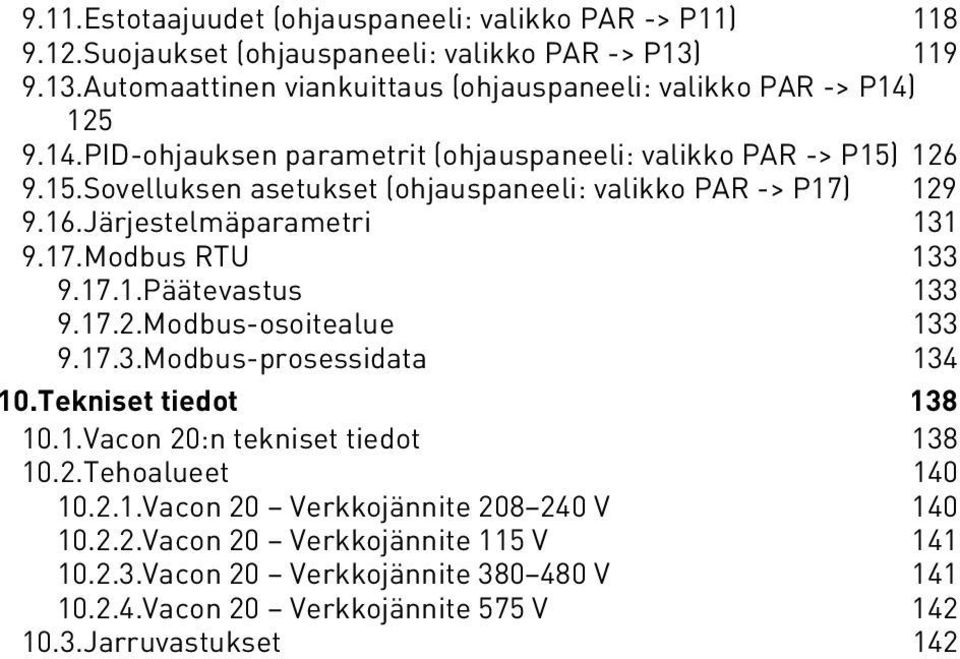 17.1.Päätevastus 133 9.17.2.Modbus-osotealue 133 9.17.3.Modbus-prosessdata 134 10.Teknset tedot 138 10.1.Vacon 20:n teknset tedot 138 10.2.Tehoalueet 140 10.2.1.Vacon 20 Verkkojännte 208 240 V 140 10.