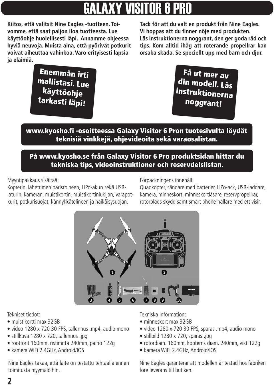 Läs instruktionerna noggrant, den ger goda råd och tips. Kom alltid ihåg att roterande propellrar kan orsaka skada. Se speciellt upp med barn och djur. Enemmän irti mallistasi.