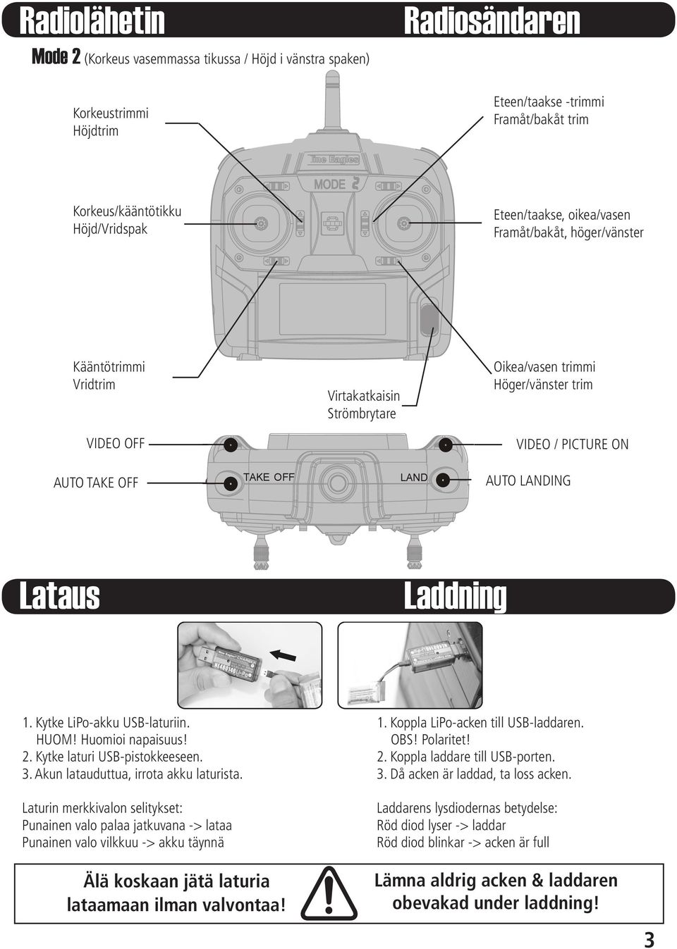 Lataus Laddning 1. Kytke LiPo-akku USB-laturiin. HUOM! Huomioi napaisuus! 2. Kytke laturi USB-pistokkeeseen. 3. Akun latauduttua, irrota akku laturista.