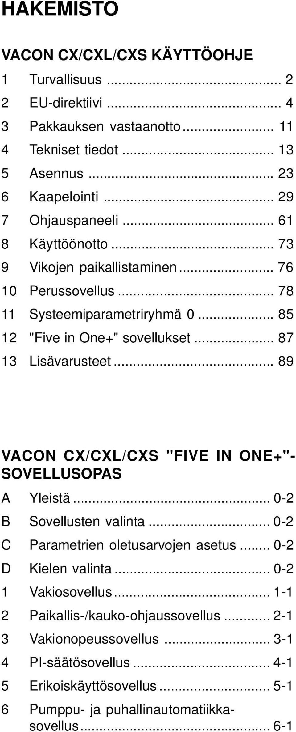 .. 87 13 Lisävarusteet... 89 VACON CX/CXL/CXS "FIVE IN ONE+"- SOVELLUSOPAS A Yleistä... 0-2 B Sovellusten valinta... 0-2 C Parametrien oletusarvojen asetus... 0-2 D Kielen valinta.