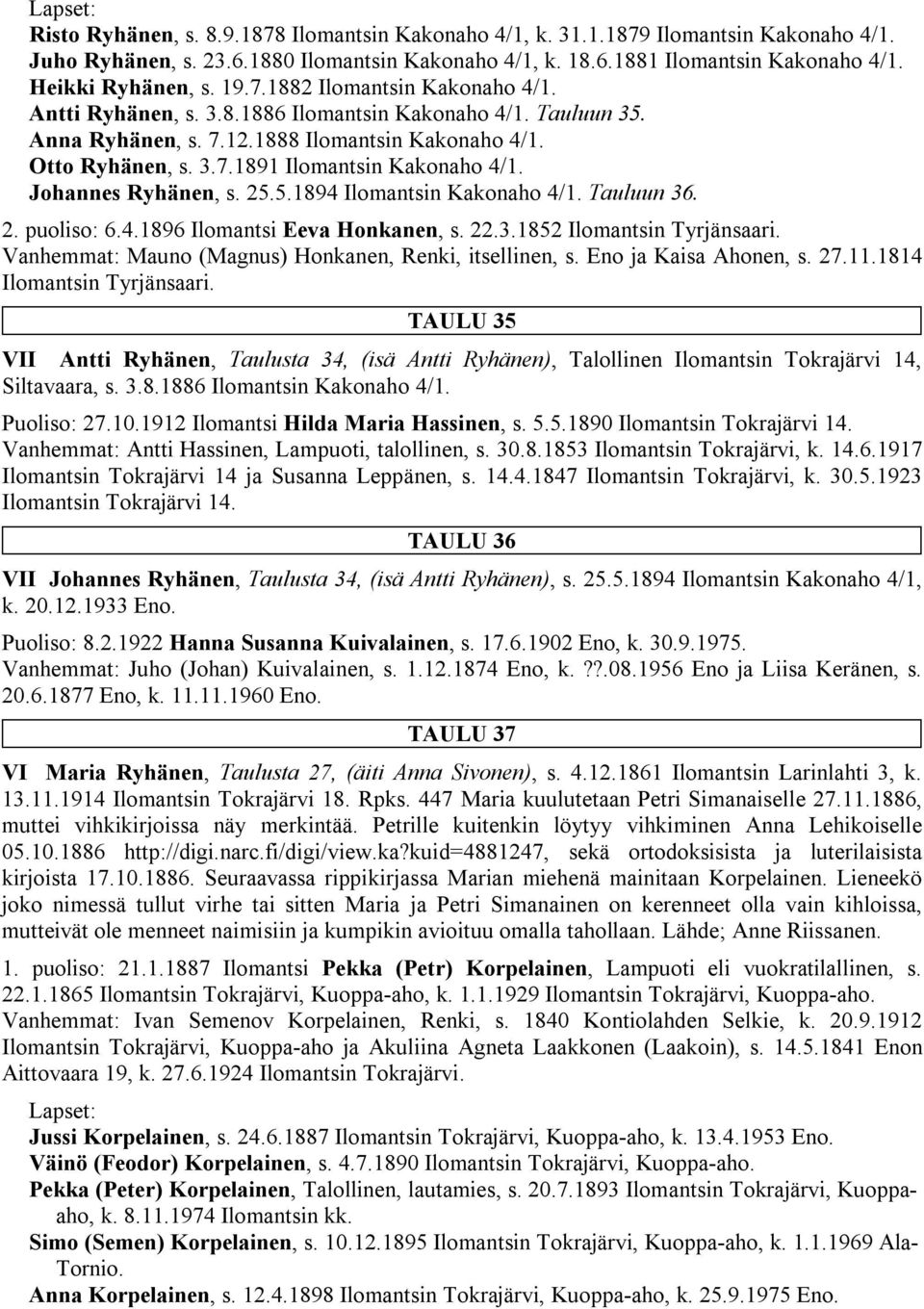 Johannes Ryhänen, s. 25.5.1894 Ilomantsin Kakonaho 4/1. Tauluun 36. 2. puoliso: 6.4.1896 Ilomantsi Eeva Honkanen, s. 22.3.1852 Ilomantsin Tyrjänsaari.