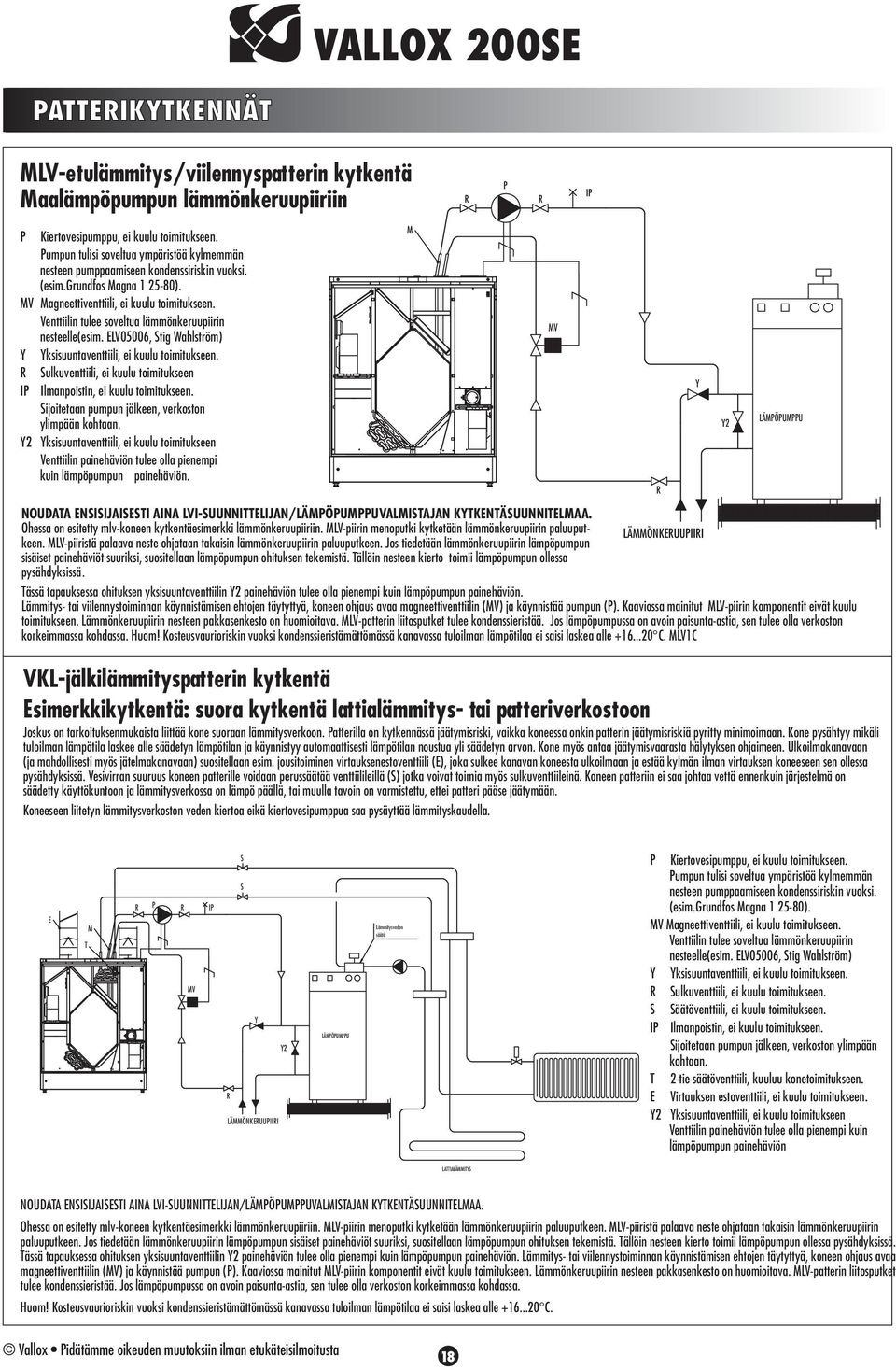 Venttiilin tulee soveltua lämmönkeruupiirin nesteelle(esim. ELV05006, Stig Wahlström) Y Yksisuuntaventtiili, ei kuulu toimitukseen.