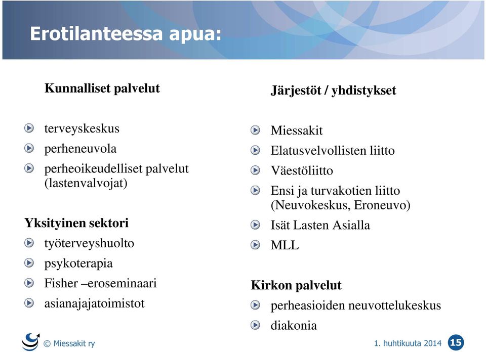 eroseminaari asianajajatoimistot Miessakit Elatusvelvollisten liitto Väestöliitto Ensi ja turvakotien liitto