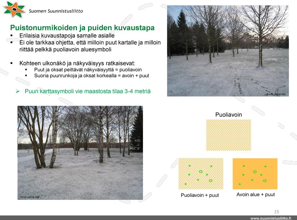 ja oksat peittävät näkyväisyyttä = puoliavoin Suoria puunrunkoja ja oksat korkealla = avoin + puut Puun