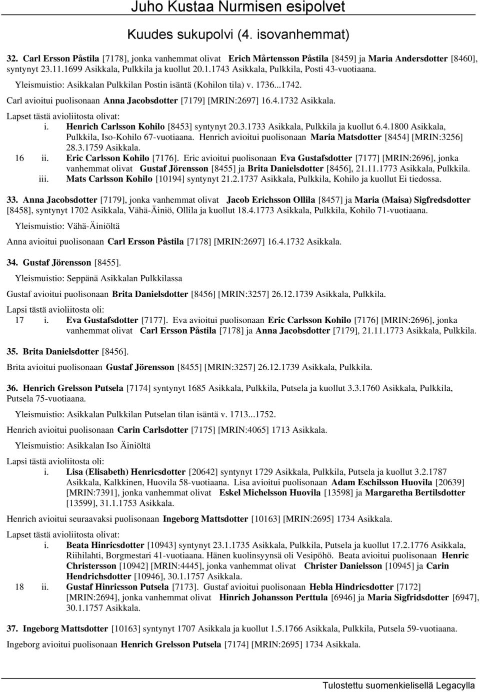 Carl avioitui puolisonaan Anna Jacobsdotter [7179] [MRIN:2697] 16.4.1732 Asikkala. i. Henrich Carlsson Kohilo [8453] syntynyt 20.3.1733 Asikkala, Pulkkila ja kuollut 6.4.1800 Asikkala, Pulkkila, Iso-Kohilo 67-vuotiaana.