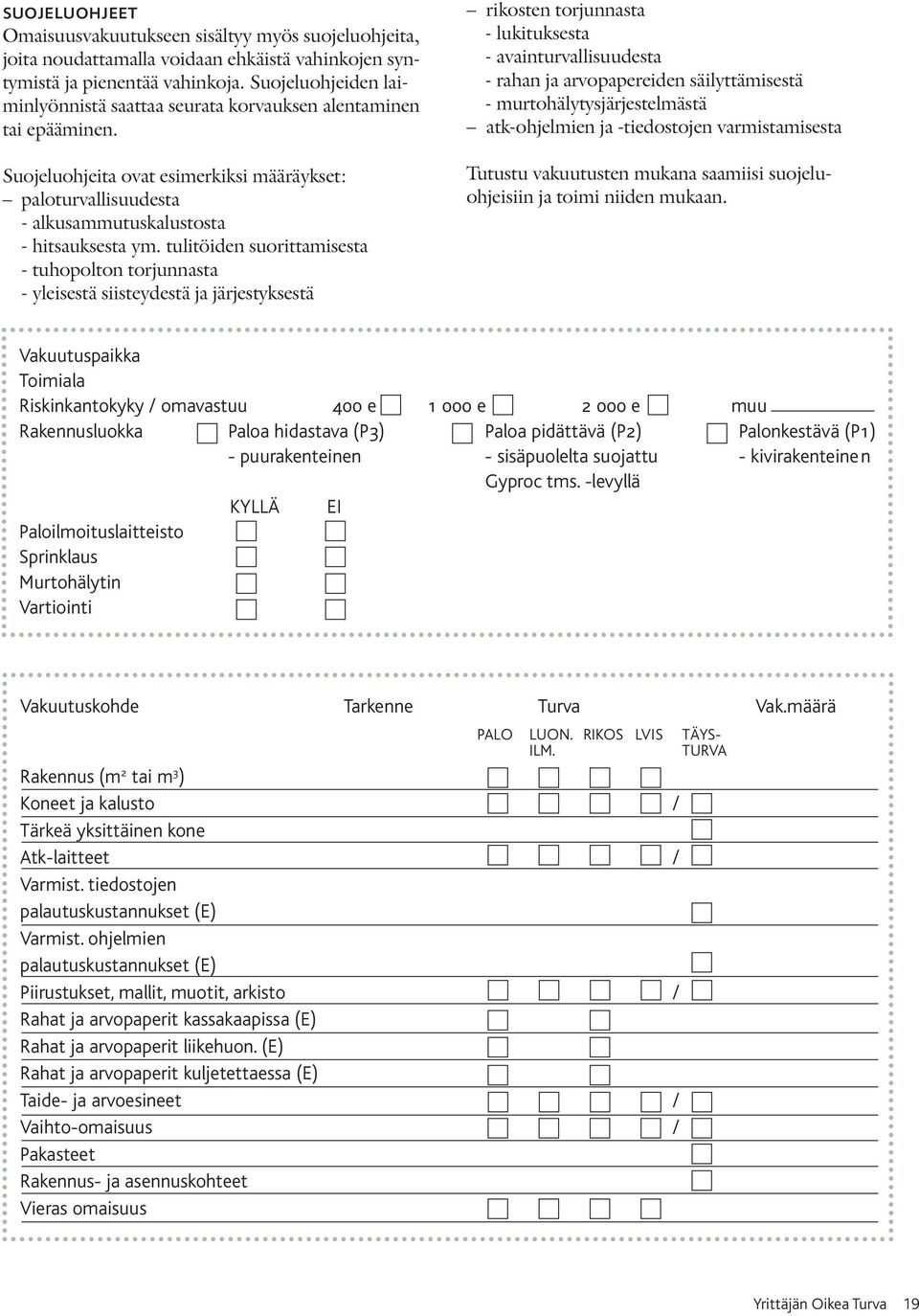 tulitöiden suorittamisesta - tuhopolton torjunnasta - yleisestä siisteydestä ja järjestyksestä rikosten torjunnasta - lukituksesta - avainturvallisuudesta - rahan ja arvopapereiden säilyttämisestä -