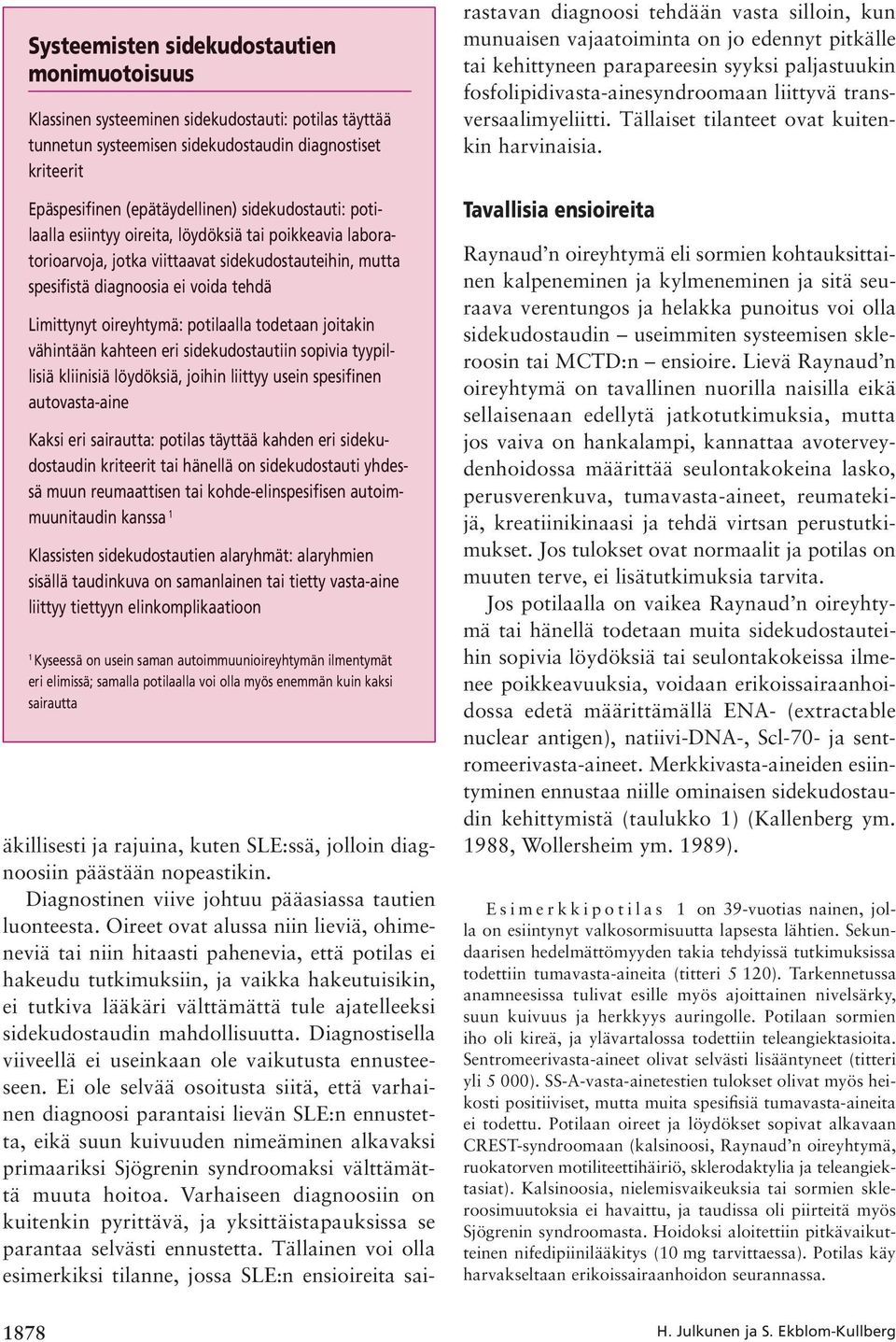 potilaalla todetaan joitakin vähintään kahteen eri sidekudostautiin sopivia tyypillisiä kliinisiä löydöksiä, joihin liittyy usein spesifinen autovasta-aine Kaksi eri sairautta: potilas täyttää kahden