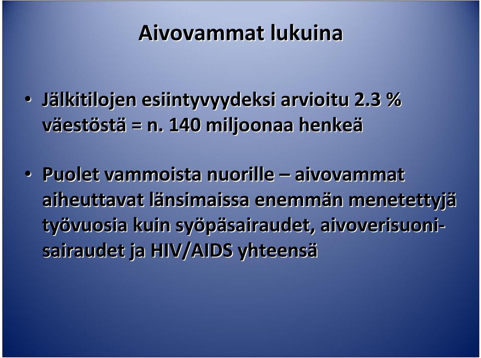 140 miljoonaa henkeä Puolet vammoista nuorille aivovammat