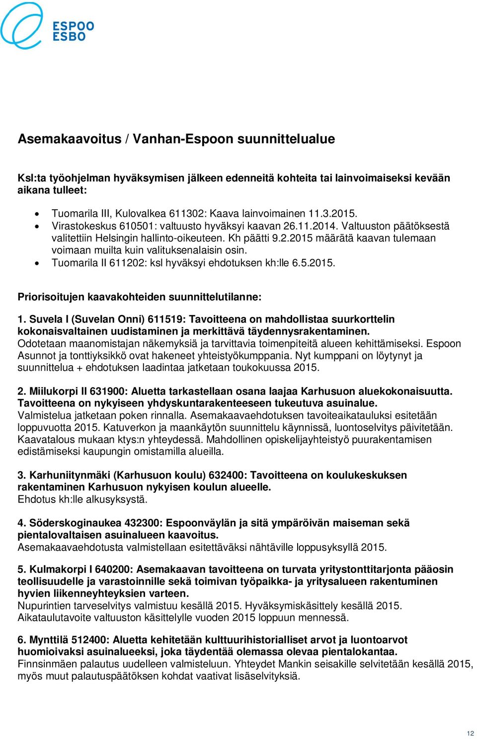 Tuomarila II 611202: ksl hyväksyi ehdotuksen kh:lle 6.5.2015. Priorisoitujen kaavakohteiden suunnittelutilanne: 1.