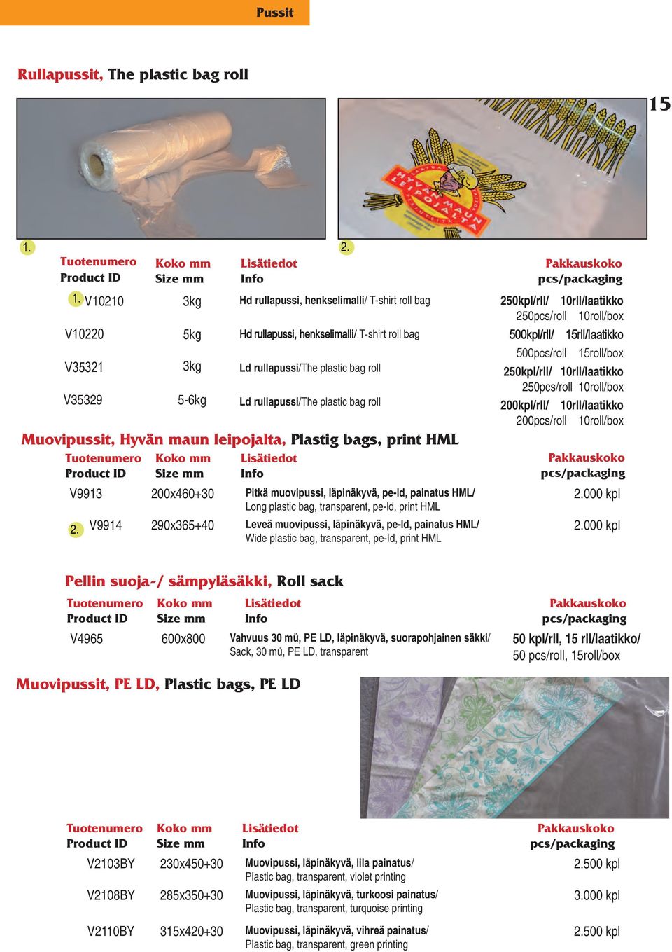 läpinäkyvä, pe-ld, painatus HML/ Wide plastic bag, transparent, pe-id, print HML Ld rullapussi/the plastic bag roll Ld rullapussi/the plastic bag roll 250kpl/rll/ 10rll/laatikko 250pcs/roll