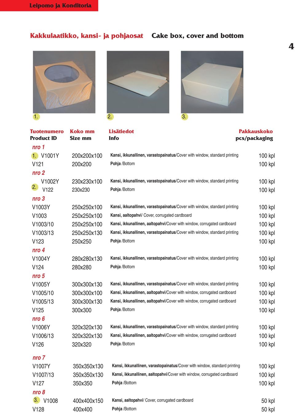 varastopainatus/cover with window, standard printing 100 kpl V1003 250x250x100 Kansi, aaltopahvi/ Cover, corrugated cardboard 100 kpl V1003/10 250x250x100 Kansi, ikkunallinen, aaltopahvi/cover with