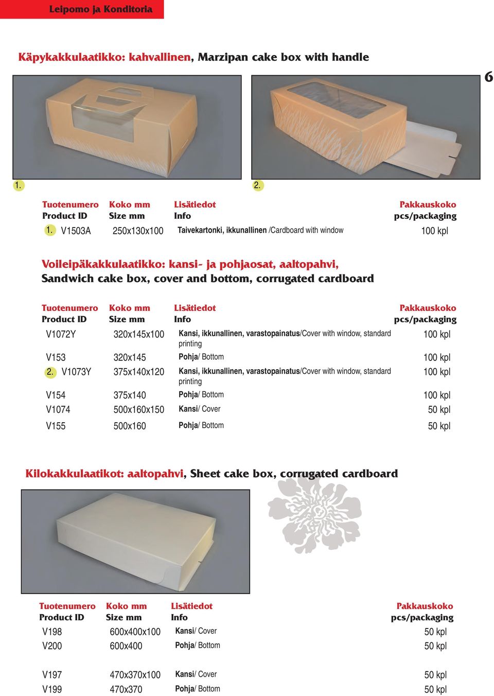 V1073Y 375x140x120 Kansi, ikkunallinen, varastopainatus/cover with window, standard 100 kpl printing V154 375x140 Pohja/ Bottom 100 kpl V1074 500x160x150 Kansi/ Cover 50 kpl V155 500x160 Pohja/