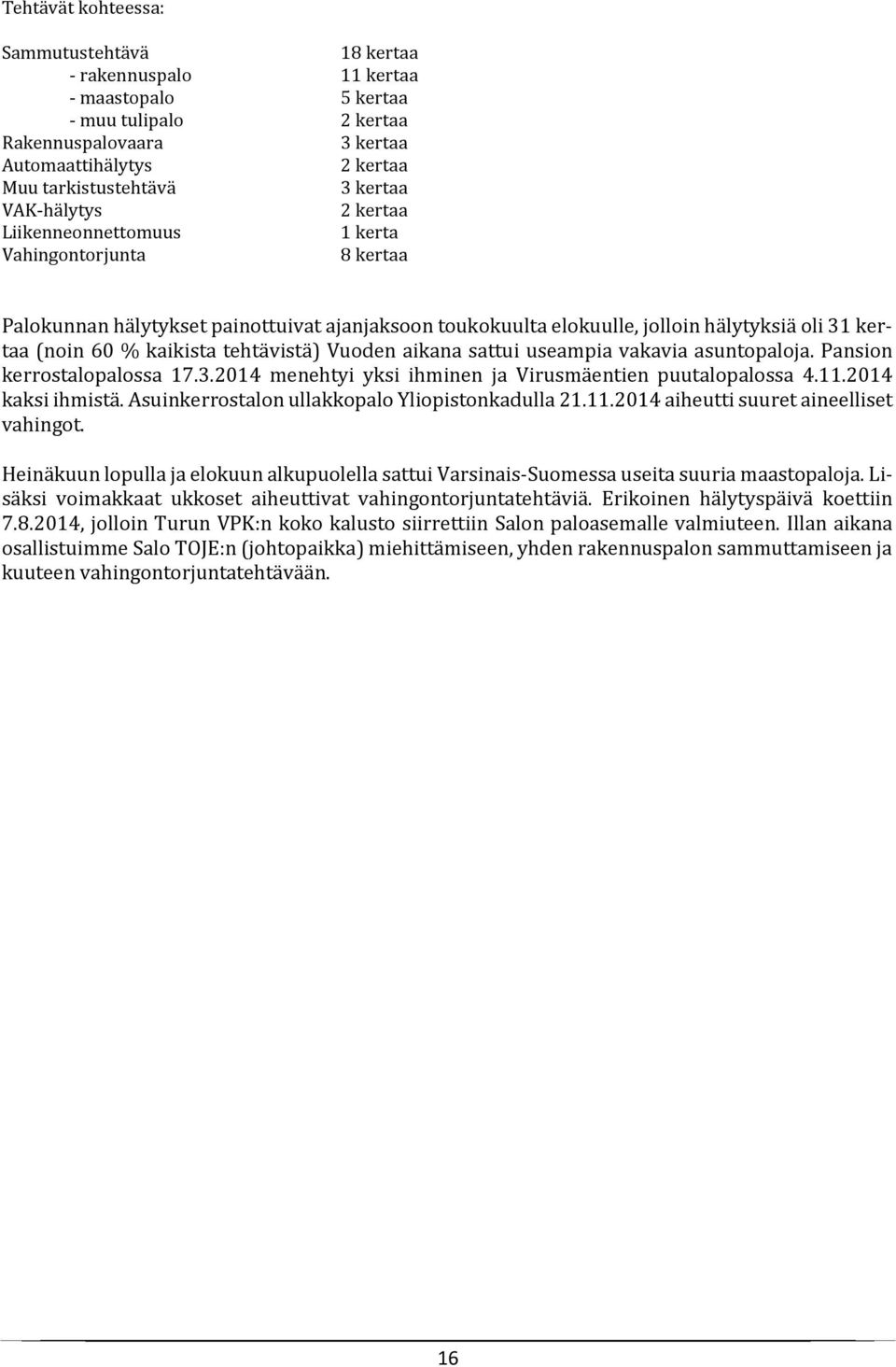 kaikista tehtävistä) Vuoden aikana sattui useampia vakavia asuntopaloja. Pansion kerrostalopalossa 17.3.2014 menehtyi yksi ihminen ja Virusmäentien puutalopalossa 4.11.2014 kaksi ihmistä.