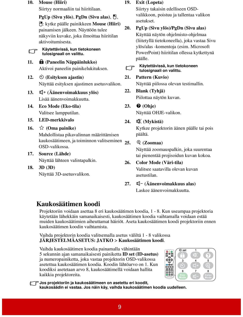 Käytettävissä, kun tietokoneen tulosignaali on valittu. 11. (Paneelin Näppäinlukko) Aktivoi paneelin painikelukituksen. 12. (Esityksen ajastin) Näyttää esityksen ajastimen asetusvalikon. 13.