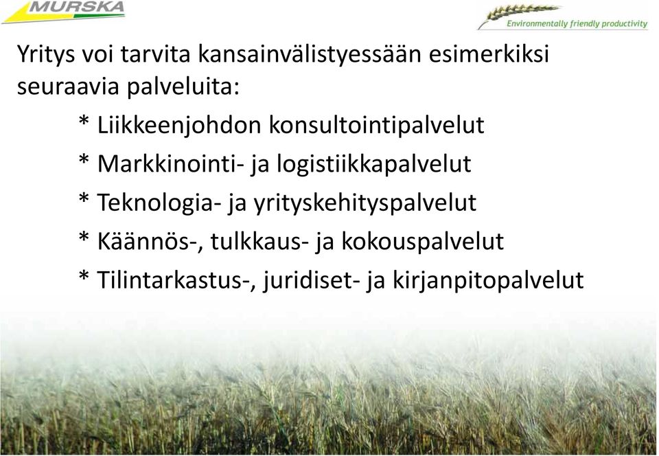 logistiikkapalvelut * Teknologia ja yrityskehityspalvelut * Käännös,