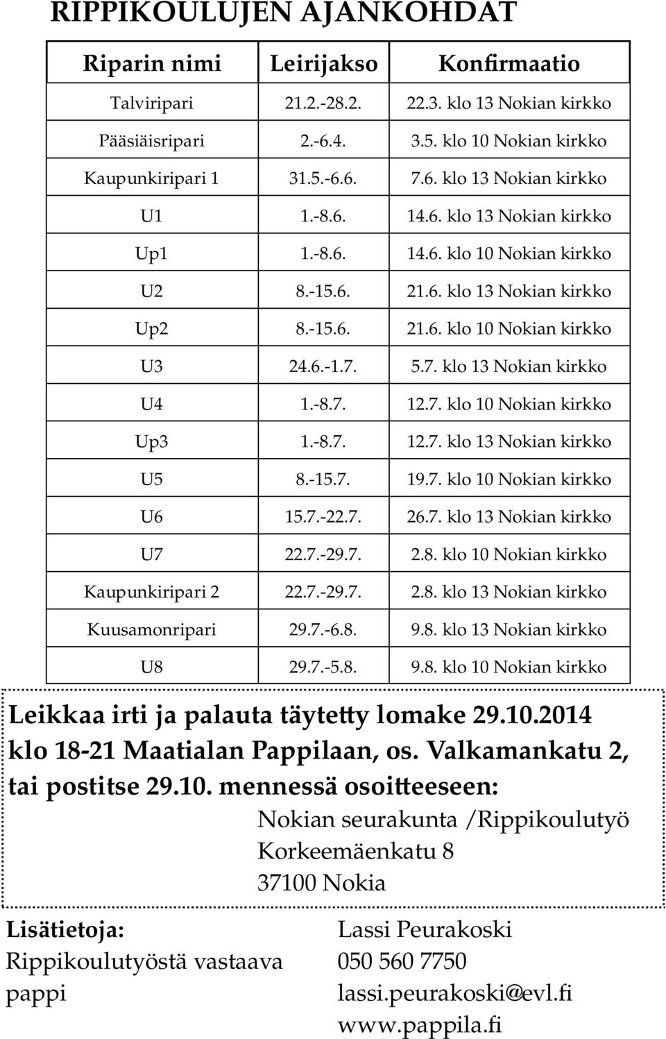 7. klo 10 Nokian kirkko Up3 1.-8.7. 12.7. klo 13 Nokian kirkko U5 8.-15.7. 19.7. klo 10 Nokian kirkko U6 15.7.-22.7. 26.7. klo 13 Nokian kirkko U7 22.7.-29.7. 2.8. klo 10 Nokian kirkko Kaupunkiripari 2 22.