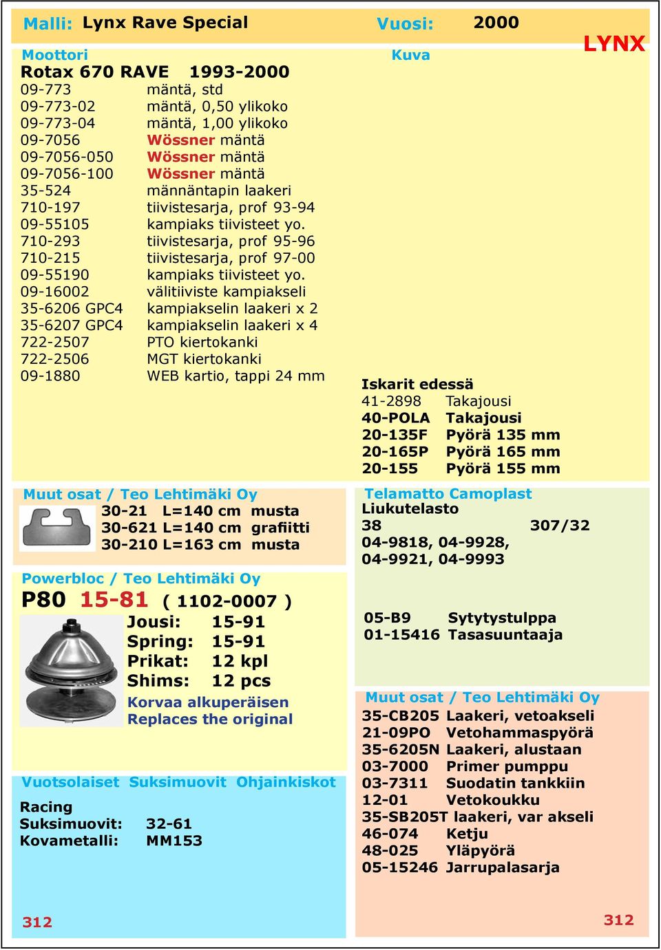 710-293 tiivistesarja, prof 95-96 710-215 tiivistesarja, prof 97-00 09-55190 kampiaks tiivisteet yo.