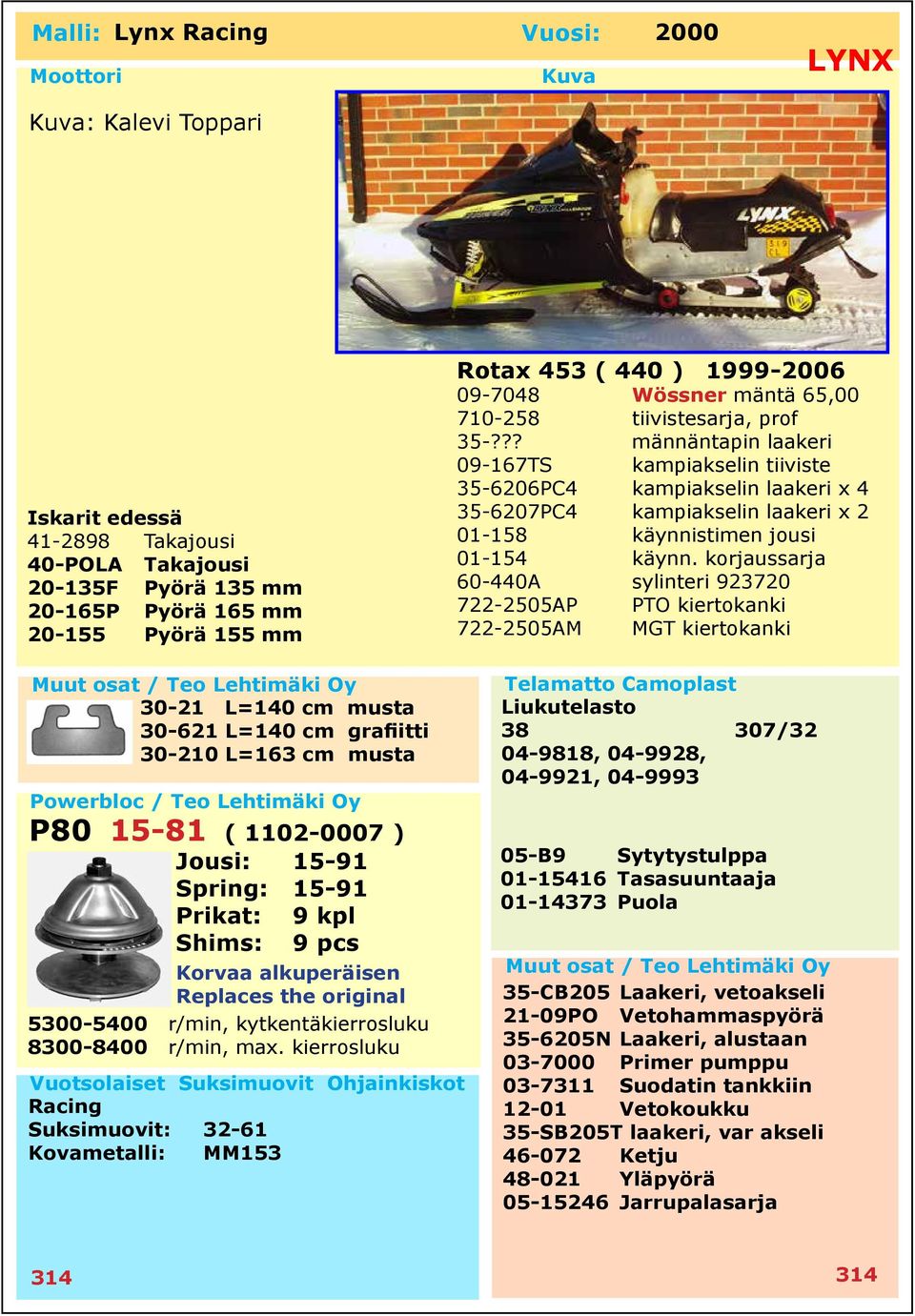 ?? männäntapin laakeri 09-167TS kampiakselin tiiviste 35-6206PC4 kampiakselin laakeri x 4 35-6207PC4 kampiakselin laakeri x 2 01-158 käynnistimen jousi 60-440A sylinteri 923720 722-2505AP PTO