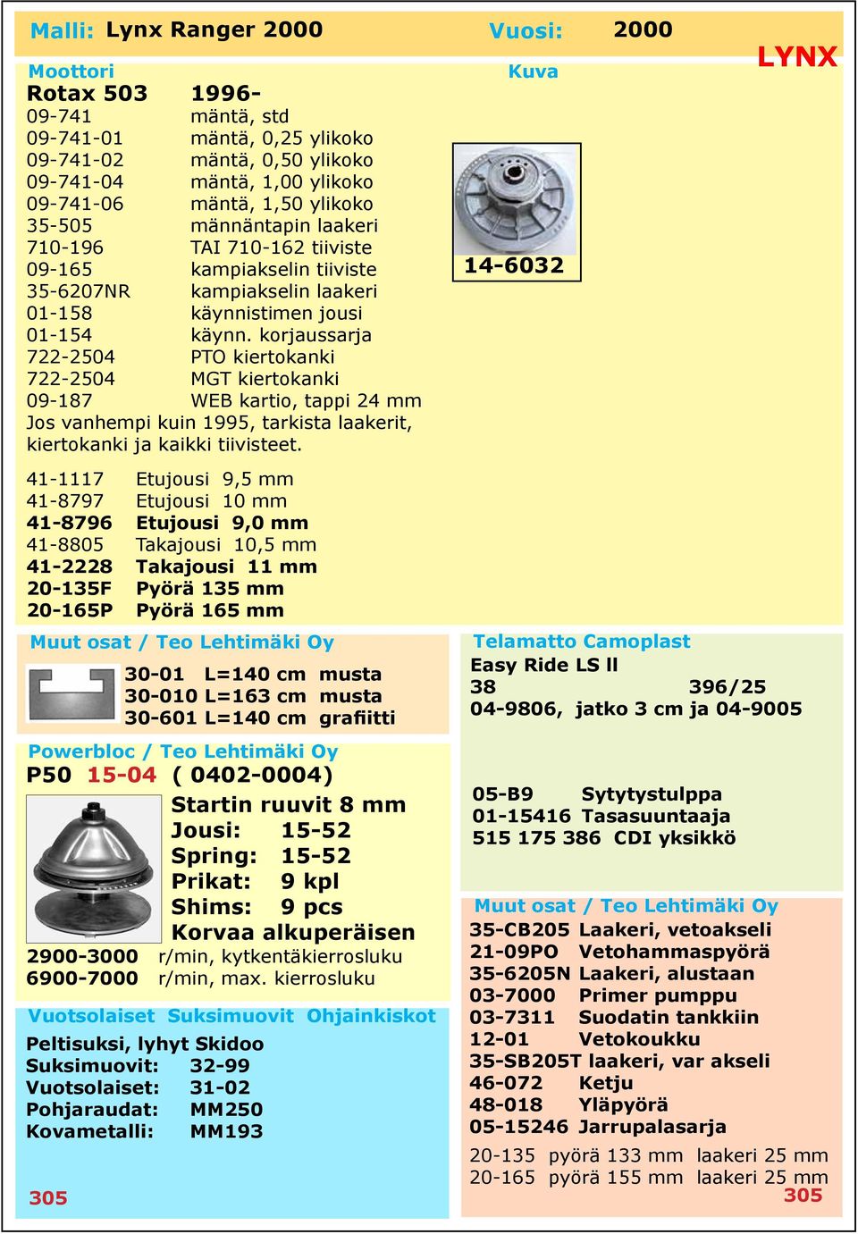 tiivisteet. P50 15-04 ( 0402-0004) Startin ruuvit 8 mm Jousi: 15-52 Spring: 15-52 Prikat: 9 kpl Shims: 9 pcs Korvaa alkuperäisen 2900-3000 r/min, kytkentäkierrosluku 6900-7000 r/min, max.