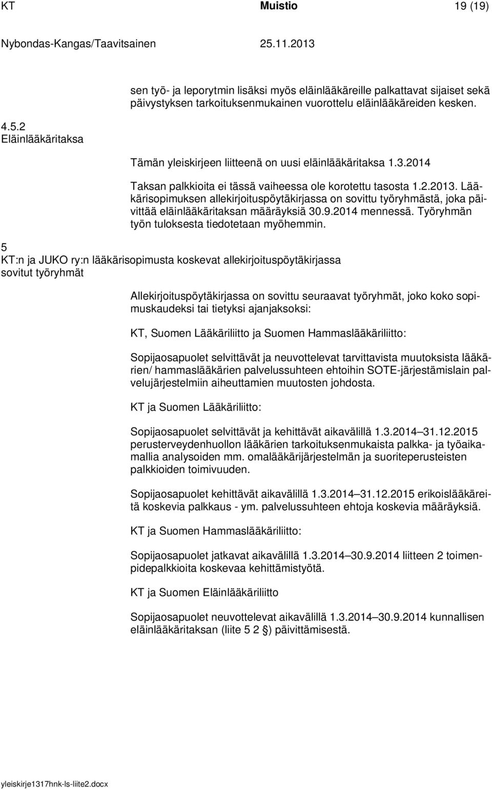 Lääkärisopimuksen allekirjoituspöytäkirjassa on sovittu työryhmästä, joka päivittää eläinlääkäritaksan määräyksiä 30.9.2014 mennessä. Työryhmän työn tuloksesta tiedotetaan myöhemmin.