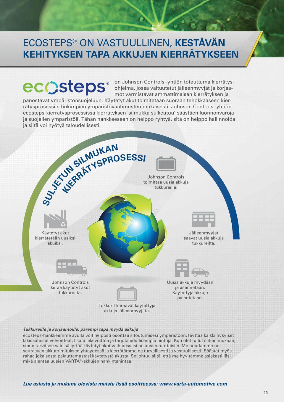 Johnson Controls -yhtiön ecosteps-kierrätysprosessissa kierrätyksen silmukka sulkeutuu säästäen luonnonvaroja ja suojellen ympäristöä.