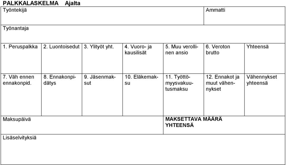 Väh ennen ennakonpid. 8. Ennakonpidätys 9. Jäsenmaksut 10. Eläkemaksu 11.