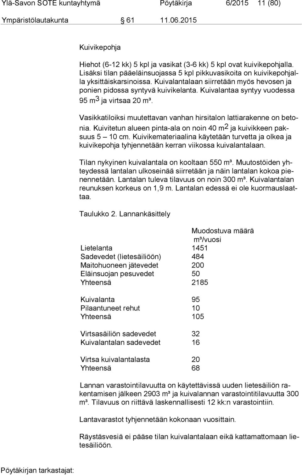 Kuivalantaa syntyy vuodessa 95 m 3 ja virtsaa 20 m³. Vasikkatiloiksi muutettavan vanhan hirsitalon lattiarakenne on be tonia. Kuivitetun alueen pinta-ala on noin 40 m 2 ja kuivikkeen paksuus 5 10 cm.