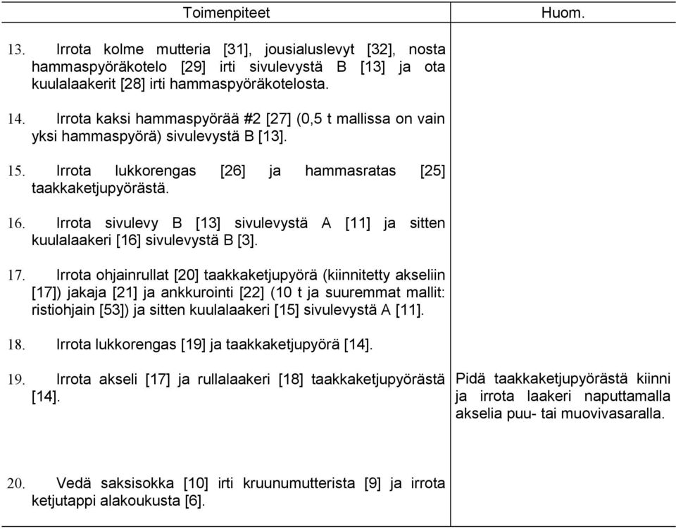 Irrota sivulevy B [] sivulevystä A [] ja sitten kuulalaakeri [6] sivulevystä B []. 7.