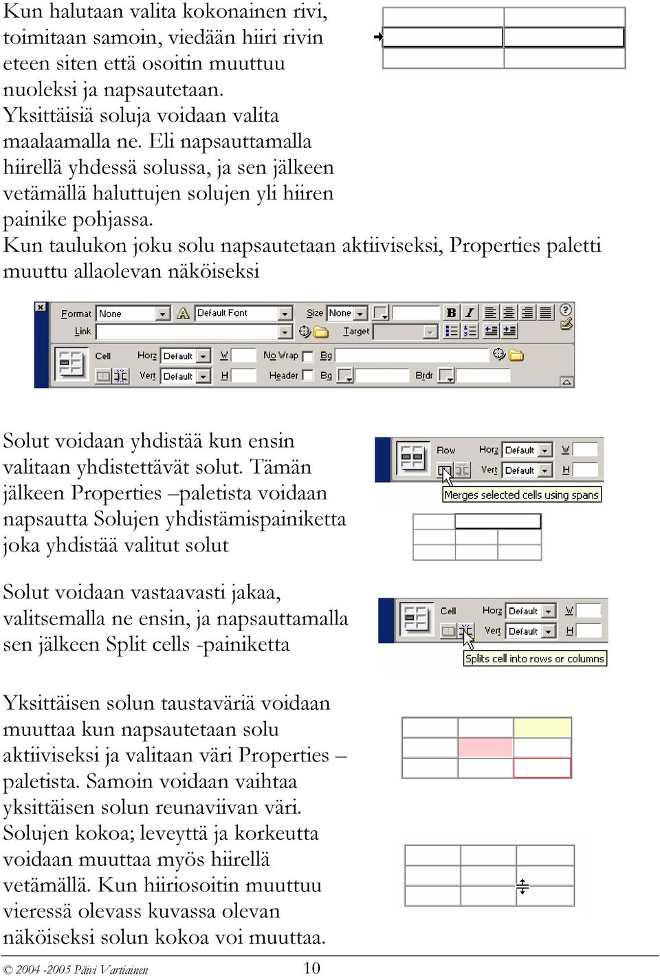 Kun taulukon joku solu napsautetaan aktiiviseksi, Properties paletti muuttu allaolevan näköiseksi Solut voidaan yhdistää kun ensin valitaan yhdistettävät solut.